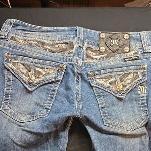 Womens Miss Me Blue Bootcut Jeans with Lace and Embellishments Size 28
